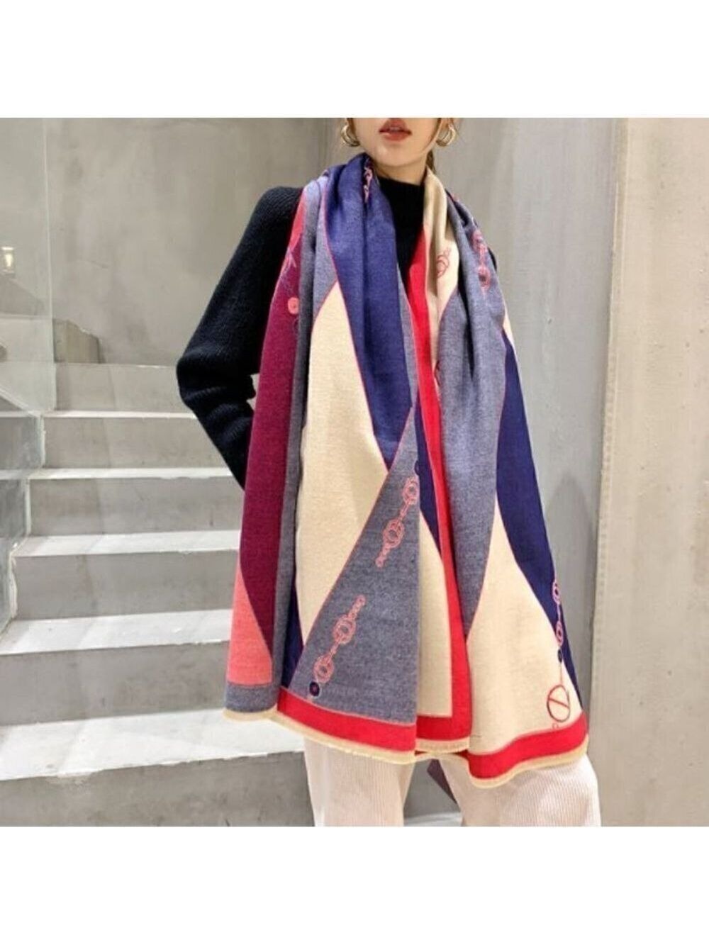 Red, Cream and Blue Fashion scarf - Picture 2 of 4